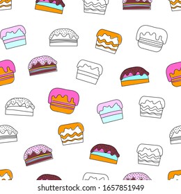 Seamless pattern with the image of cake. Doodle style. Vector illustration on a white background.