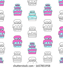 Seamless pattern with the image of cake. Doodle style. Vector illustration on a white background.
