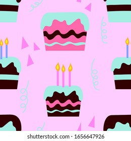 Seamless pattern with the image of cakes. Isolated vector image on a pink background.