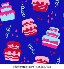 Seamless pattern with the image of cakes. Isolated vector image on a blue background.