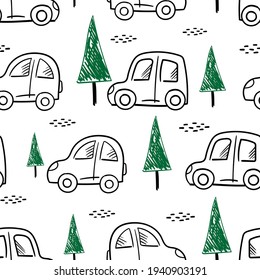 Seamless pattern with the image of cars and trees in a sketch style. Funny baby print for T-shirts, bed linen. Design for paper, textiles, decor.
