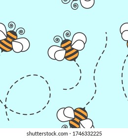 Seamless pattern with the image of cartoon bees with the trajectory of their flight. Vector illustration on a blue background.