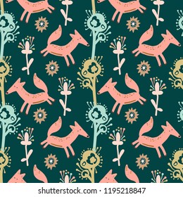 Seamless pattern with the image of cartoon fox. Vector illustration.