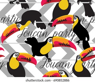 Seamless pattern with image cartoon Toucan birds on a perch on a geometric background. Vector illustration.