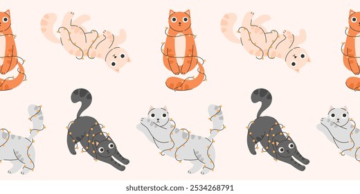 Seamless pattern with the image of cats with a garland. Flat vector illustration.