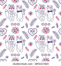 Seamless pattern with the image of cats for Valentine's Day.