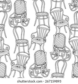 Seamless pattern with the image of chairs. Vector black and white illustration.