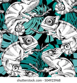 Seamless pattern with image of a Chameleon on a branch with Monstera leaf. Vector illustration.