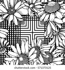 Seamless pattern with image of a Chamomile flowers on a black geometric background. Vector illustration.