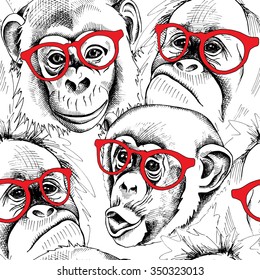 Seamless pattern with image of a character monkey portraits in red glasses. Vector illustration.