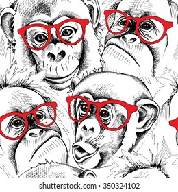 Seamless pattern with image of a character monkey portraits with red glasses. Vector illustration.