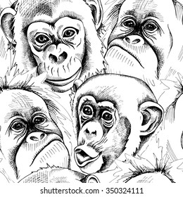 Seamless pattern with image of a character monkey portraits. Vector black and white illustration.