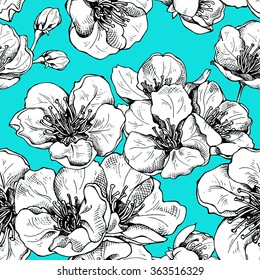 Seamless pattern with image of a cherry flowers on blue background. Vector illustration.