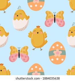 Seamless pattern with the image of chickens, butterfly and easter egg on a blue background, in vector graphics. For the design of wallpaper, prints for textiles, clothing, packaging, bags.