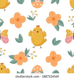 Seamless pattern with the image of chickens, butterfly and easter egg on a white background, in vector graphics. For the design of wallpaper, prints for textiles, clothing, packaging, bag