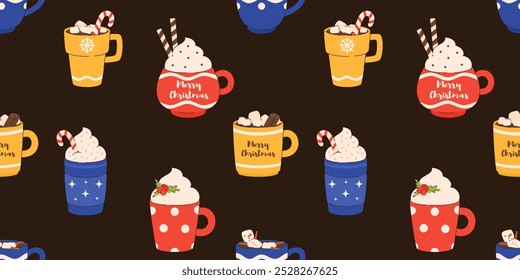 Seamless pattern with the image of Christmas drinks. Cups of coffee and hot chocolate. Flat vector illustration.