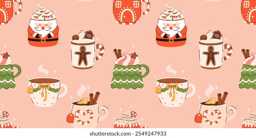 Padrão contínuo com a imagem de bebidas de Natal. Chocolate quente, cacau, chá de limão, marshmallows, canela, especiarias. Ilustração de vetor plano.