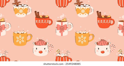 Padrão contínuo com a imagem de bebidas de Natal. Chocolate quente, cacau, chá de limão, marshmallows, canela, especiarias. Ilustração de vetor plano.