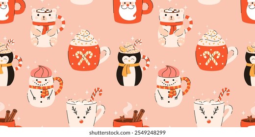 Padrão contínuo com a imagem de bebidas de Natal. Chocolate quente, cacau, chá de limão, marshmallows, canela, especiarias. Ilustração de vetor plano.