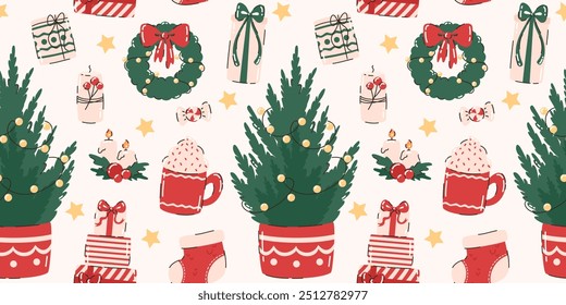 Seamless pattern with the image of Christmas elements. Christmas tree, sock, gifts, Christmas wreath, candles. Flat vector illustration.