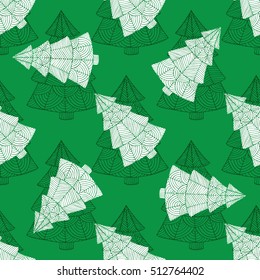 Seamless pattern with the image of a Christmas tree. Christmas seamless pattern for gift. Vector illustration in the style of zentangle, doodle, ethnic, tribal design. 