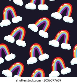 Seamless pattern with the image of clouds and rainbows. Design for paper, textile and decor. Vector illustration.