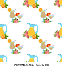 Seamless pattern with the image of cocktails and jugs with juice.