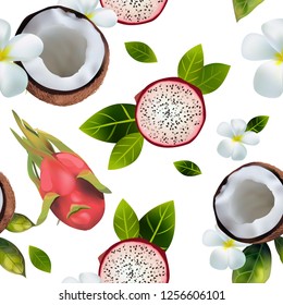 seamless pattern with the image of coconuts, pitahai on a white background decorated with flowers and green leaves