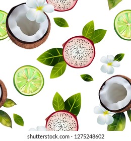 seamless pattern with the image of coconuts, pitahai, lime on a white background decorated with flowers and green leaves