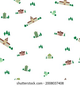seamless pattern with the image of colored houses and trees on a white background for prints on fabrics, clothes, packaging, ceramics and for decorating the interiors of houses, children's rooms