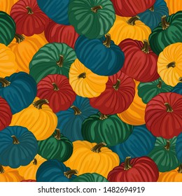 Seamless pattern with the image of colorful pumpkins. Vector illustration