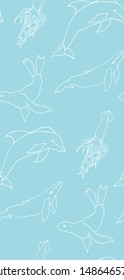 Seamless pattern with the image of the contours of marine life: dolphins, squid, seals, whales.Suitable for wrapping paper, wallpaper, cases for devices.