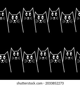Seamless pattern with the image of the contours of white cats on a black background