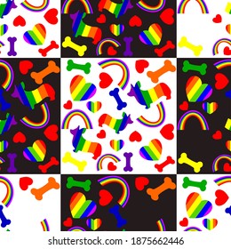 Seamless pattern with the image of Corgi puppies, hearts, rainbows and seeds. Animal care,love for pets,shelters. Assistance to the homeless,veterinary medicine.The concept of tolerance,equal rights