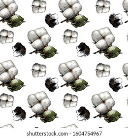 seamless pattern with the image of a cotton plant, sketch vector graphics color illustration on a white background