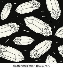 Seamless pattern with the image of a crystal. White print on black background