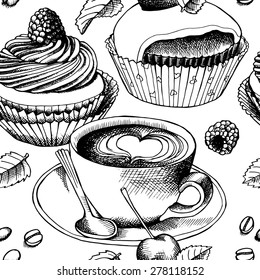Seamless pattern with image a cup of coffee, cherry and strawberry cakes. Vector black and white illustration.
