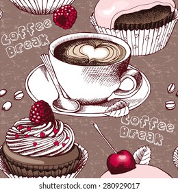 Seamless pattern with image a cup of coffee, cherry and strawberry chocolate cakes in pink-beige tones. Vector illustration.