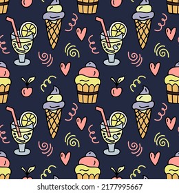 Seamless pattern with the image cupcake, cocktail and desserts on a dark blue background. Vector graphics for the design of wrapping paper, wallpaper, bags, prints for kitchen textiles.