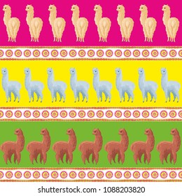 Seamless pattern with the image of cute alpaca in cartoon style. Colorful vector background