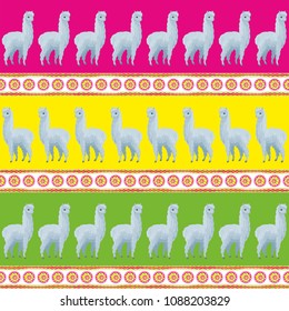 Seamless pattern with the image of cute alpaca in cartoon style. Colorful vector background