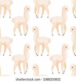 Seamless pattern with the image of cute alpaca in cartoon style. Colorful vector background