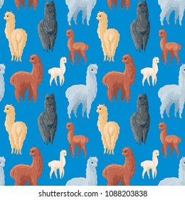 Seamless pattern with the image of cute alpaca in cartoon style. Colorful vector background