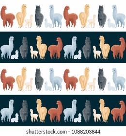 Seamless pattern with the image of cute alpaca in cartoon style. Colorful vector background