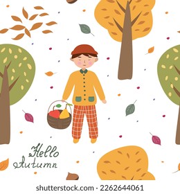 Seamless pattern with the image of a cute boy in the forest with a basket of fruits. This time of year is golden autumn.