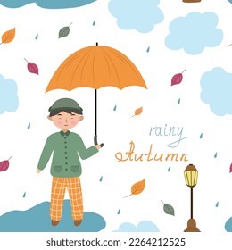 Seamless pattern with the image of a cute boy with umbrellas and other autumn elements