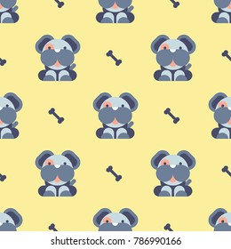 Seamless pattern with image of a cute cartoon puppies on a yellow background. Vector illustration.