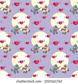Seamless pattern with the image of cute cats and hearts. Colorful vector background.