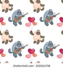 Seamless pattern with the image of cute cats and hearts. Colorful vector background.
