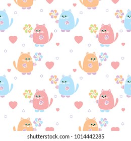 Seamless pattern with image of cute cats with flowers on white background. Light pastel colors, childrens style. Vector illustration.